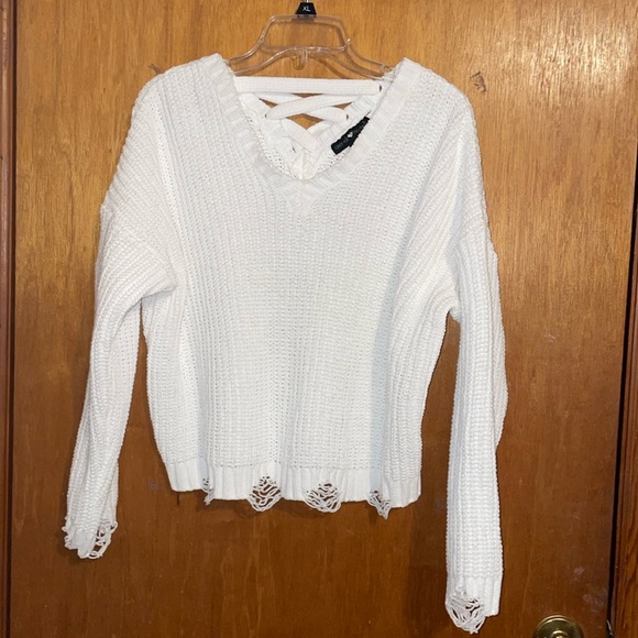 •DEREK HEART•NWOT WHITE DISTRESSED HEM KNIT V NECK CHUNKY SWEATER SIZE XL - Picture 8 of 8
